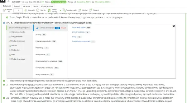 Fragment strony internetowej z informacjami o podatku dochodowym, z zaznaczonym artykułem o opodatkowaniu małżonków i osób samotnie wychowujących dzieci.