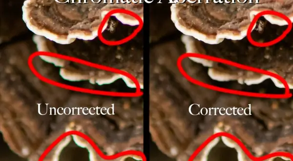 Side-by-side comparison showing chromatic aberration in the "Uncorrected" image, with colored fringes around edges, versus the "Corrected" image.