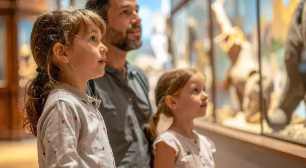 Un père et ses deux filles émerveillés devant des squelettes d'animaux, une belle journée pour visiter Paris avec des enfants.
