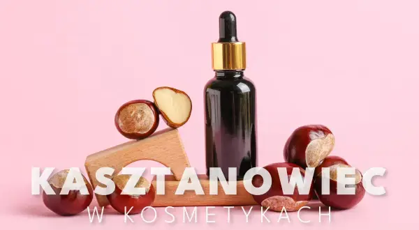 Naturalne piękno z ekstraktem z kasztanowca. Butelka serum i kasztany na różowym tle.
