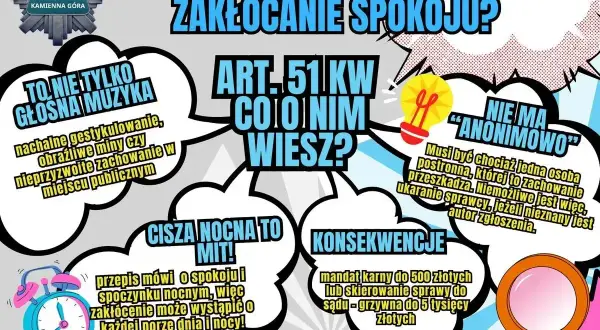 Plakat informuje o zakłócaniu spokoju, hałasie i krzykach. Przypomina, że cisza nocna to mit, a zakłócanie spokoju może wystąpić o każdej porze.
