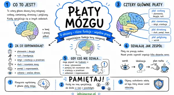 Ilustracja przedstawia płaty mózgu i ich funkcje. Wskazuje, że zaburzenia mowy mogą wynikać z problemów z płatem skroniowym.