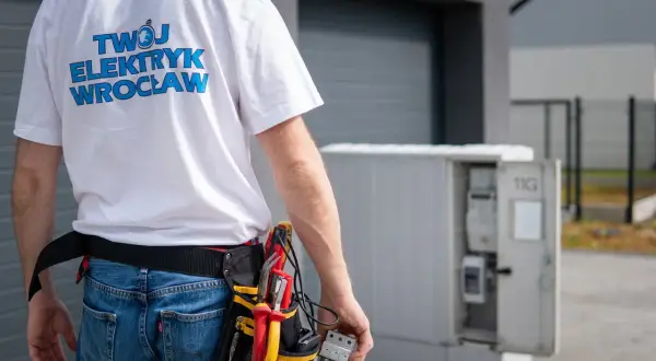 Elektryk z Wrocławia w pasie narzędziowym dokonuje odbioru instalacji elektrycznej. W ręku trzyma bezpiecznik.