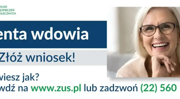 Uśmiechnięta starsza pani z okularami. Informacja o rencie wdowiej i jak złożyć wniosek. ZUS.