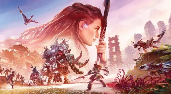 Aloy walczy z mechanicznymi bestiami w świecie Horizon Zero Dawn 2. Gigantyczna głowa Aloy dominuje nad sceną.