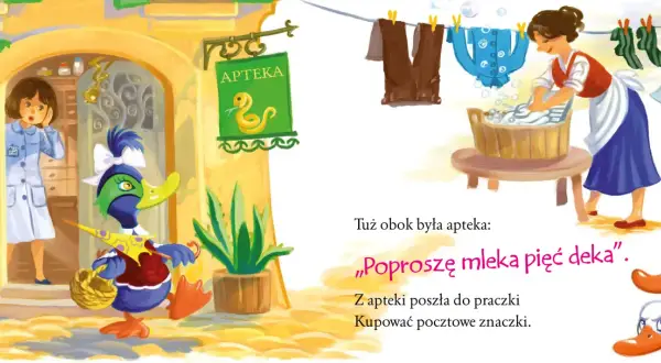 Kaczka Dziwaczka w aptece, obok praczka. Jelonki patrzą, jak praczka pierze.