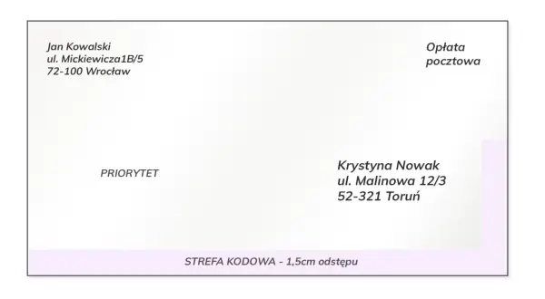 Poprawnie jak adresowac list: nadawca Jan Kowalski, odbiorca Krystyna Nowak. Pole "PRIORYTET" i "Opłata pocztowa" widoczne.