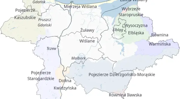 Mapa regionu z zaznaczonymi Żuławami Wiślanymi, Zalewem Wiślanym i innymi atrakcjami przyrodniczymi.