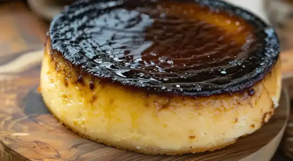 En krämig baskisk cheesecake med karamelliserad yta, serverad på en träskärbräda.