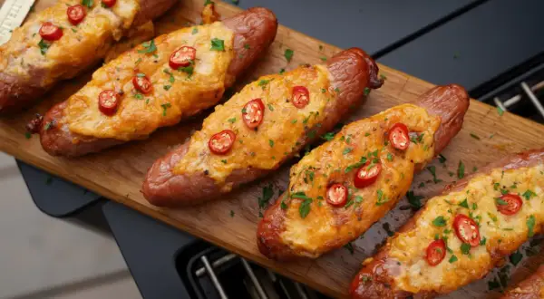 Gerichte mit grober Bratwurst, überbacken mit Käse und garniert mit Chili und Petersilie, liegen auf einem Holzbrett.
