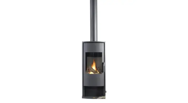 Poêle à gaz sans conduit au design moderne, avec une cheminée verticale et des flammes réelles.