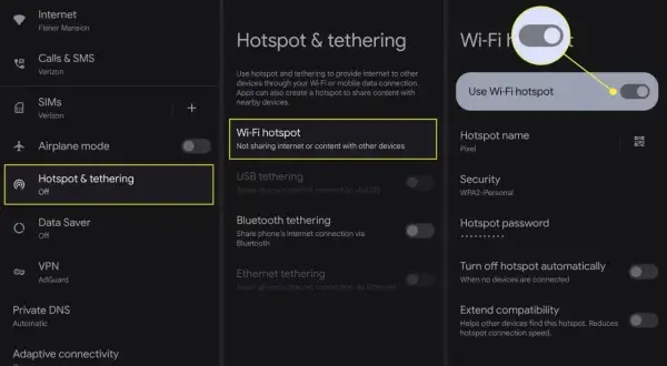 Jak udostępnić internet z telefonu? Ekran telefonu pokazuje opcje "Hotspot & tethering", gdzie można włączyć "Wi-Fi hotspot".