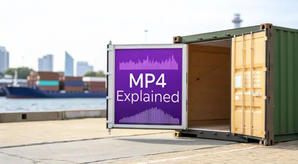An open shipping container displays "MP4 Explained" on a purple panel, with a cargo ship in the background.