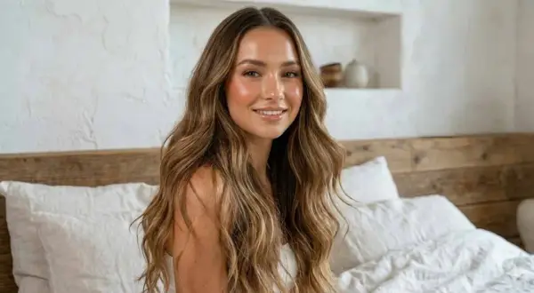 Mujer sonriente con cabello largo y ondulado, mostrando diferentes tipos de pelo con reflejos dorados.