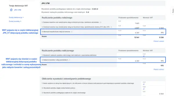 JPK V7M: wewnątrzwspólnotowe nabycie towarów (975 zł) widoczne w podatku należnym i naliczonym.