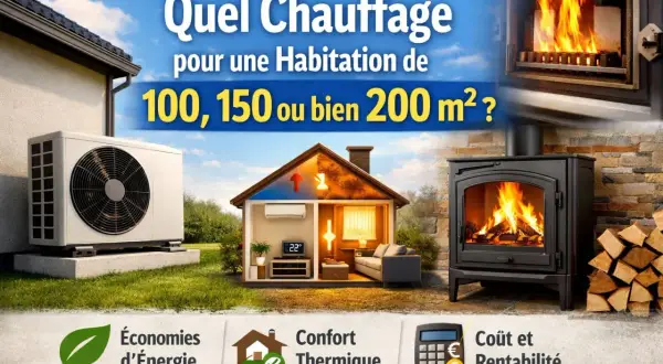 Quel chauffage pour une maison de 100m2 ? Image montrant une pompe à chaleur, une coupe de maison avec chauffage, et un poêle à bois.