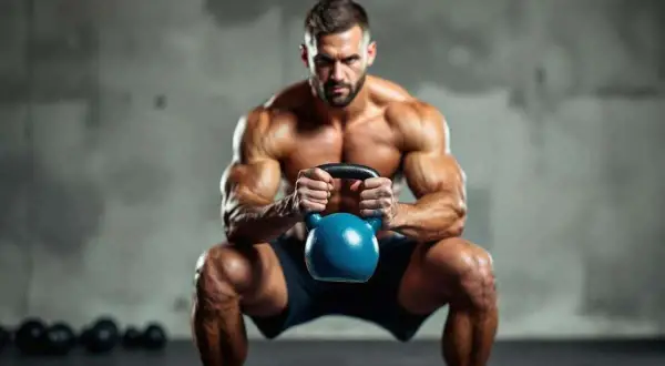 Un homme musclé effectue un goblet squat avec une kettlebell bleue.