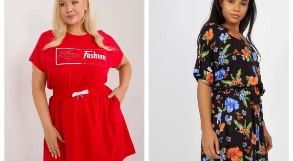 Dwie kobiety prezentują modne sukienki letnie duże rozmiary: jedna w czerwonej, z napisem "Love Fashion", druga w czarnej, w kwiatowy wzór.