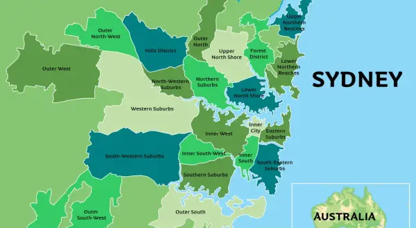 Mapa pokazuje, gdzie jest Sydney, z podziałem na dzielnice: Outer West, Northern Suburbs, Inner West i inne.