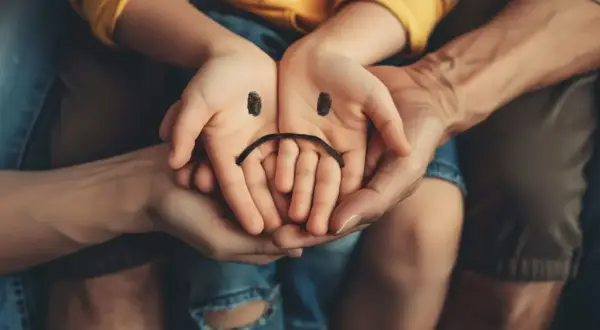 Dziecięce dłonie z namalowaną smutną buźką, otoczone dłońmi dorosłych, symbolizują zaburzone relacje w rodzinie i poczucie smutku.