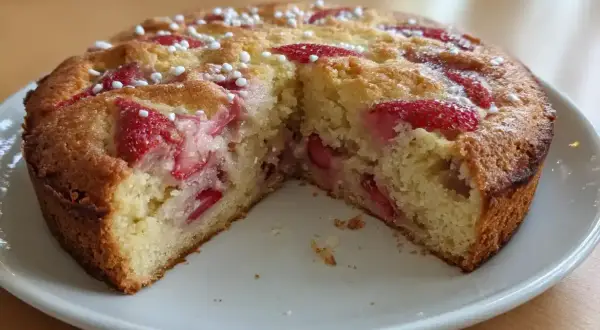 Fredriks fika: saftig rabarberkaka med jordgubbar och pärlsocker. Perfekt till kaffet!