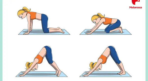 Sequenza di posa yoga: da quadrupedia a cane a testa in giù, per allungare il corpo.