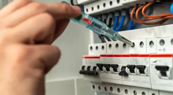 Dłoń z próbnikiem napięcia sprawdza zabezpieczenie skrzynki elektrycznej. Czerwona lampka próbnika świeci.