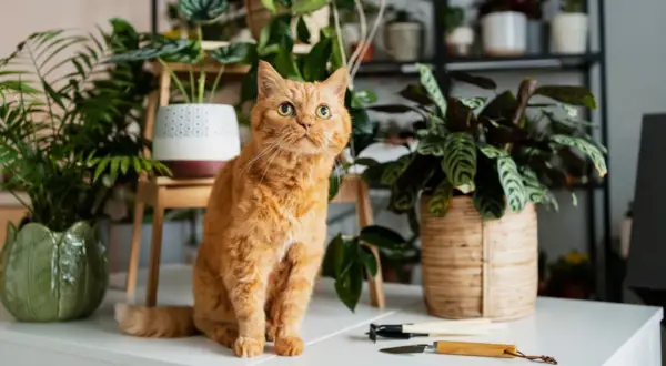 Gato naranja curioso entre plantas. ¡Cuidado! Algunas plantas, como el romero tóxico para gatos, pueden ser peligrosas.