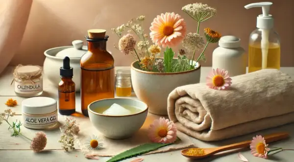 Olio di paraffina a cosa serve? In questa scena rilassante, ingredienti naturali come aloe e calendula si uniscono a oli per la cura della pelle.