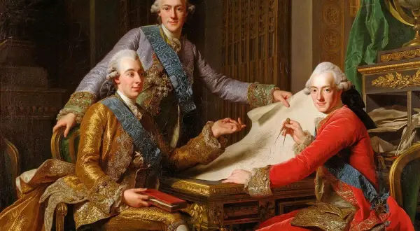 Gustav III och hans bröder studerar en karta. Gustav III, i rött, pekar på kartan med en passare.