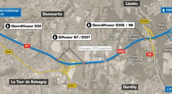 Plan de l'autoroute A89, montrant les échangeurs D30, D306/N6, N7/D307, et la connexion avec la N489 et l'A6 près de Lyon.