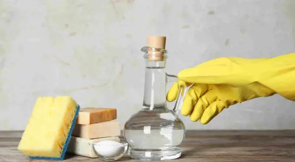 Ingredienti per un detersivo lavatrice fatto in casa da Benedetta: aceto bianco in una caraffa, sapone, bicarbonato e una spugna.