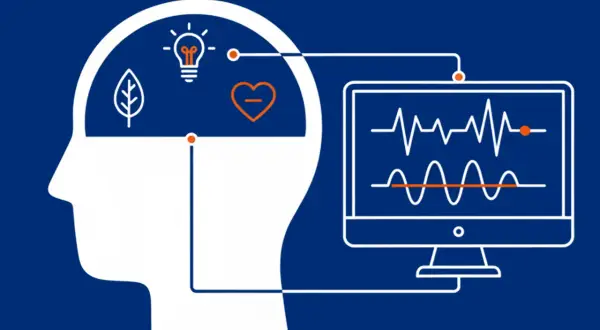 Grafika ilustruje, neurofeedback co to: połączenie mózgu z monitorem pokazującym fale mózgowe, symbolizujące kontrolę nad myślami i emocjami.