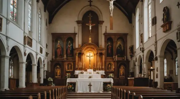 Wnętrze kościoła katolickiego z ołtarzem, krucyfiksem i ławkami.