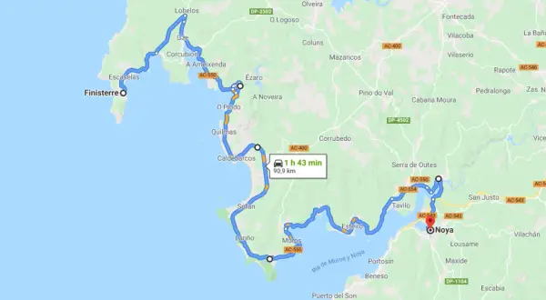 Ruta por la costa de **Asturias o Galicia**, desde Finisterre hasta Noya, con parada en Muros.
