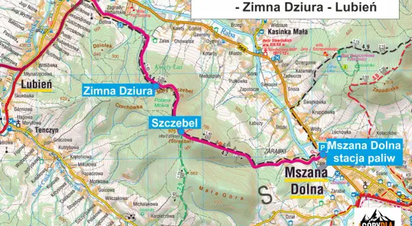 Trasa Mszana Dolna - Szczebel - Zimna Dziura - Lubień. Mapa turystyczna z zaznaczonymi szlakami i atrakcjami.