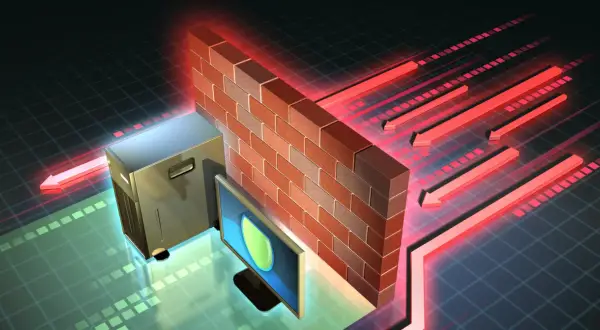 Ceglana ściana symbolizuje co to jest firewall, chroniąc serwer i monitor przed czerwonymi strzałkami zagrożeń.