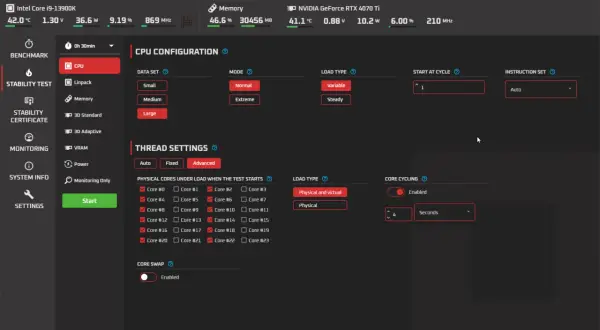 Configuración de **stress test PC** con CPU Intel i9-13900K, seleccionando núcleos y modo de carga para la prueba.