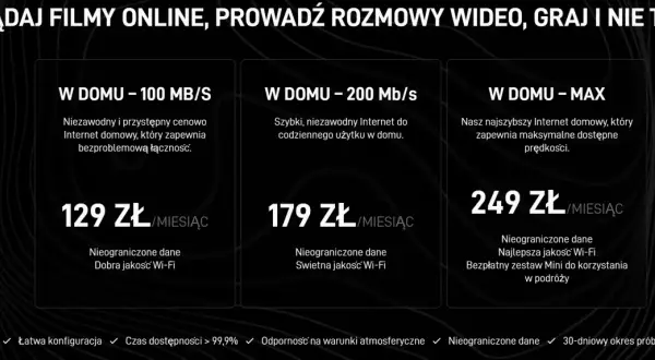 Internet od Elona Muska: wybierz pakiet 100, 200 lub MAX Mb/s dla domu. Oglądaj filmy, graj, pracuj bez ograniczeń.