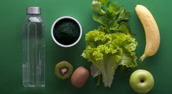 Butelka wody, spirulina, kiwi, sałata, seler, banan i jabłko – składniki pomagające jak pozbyć się wody z organizmu.