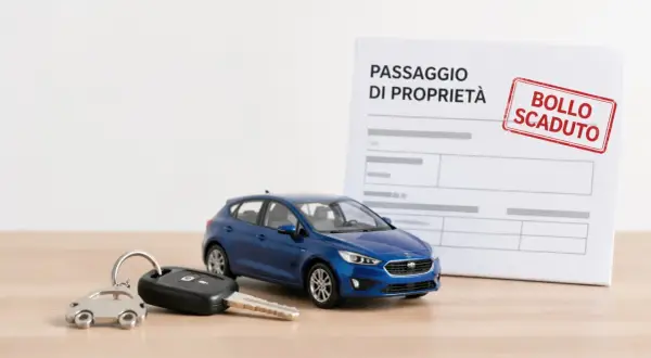 Chiavi e auto blu su un tavolo, con un documento di passaggio di proprietà e un timbro "Bollo scaduto". Ideale per chi acquista un'auto usata.