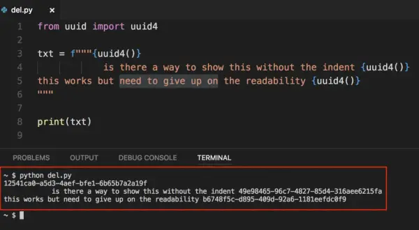 Code Python générant des UUIDs. Le terminal affiche les UUIDs générés, montrant la difficulté de les afficher sans indentation tout en gardant la lisibilité.