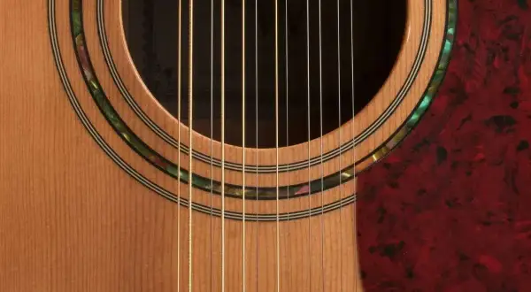 Zbliżenie na gitarę 12 strunową, widoczne struny i ozdobne rozety. Strojenie gitary 12 strunowej to precyzyjne zadanie.