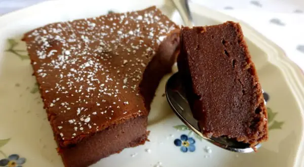 Un délicieux gâteau chocolat mascarpone facile, saupoudré de sucre glace, servi sur une assiette fleurie.