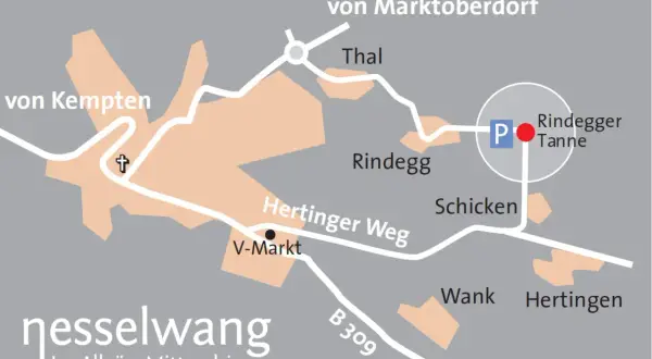 Karte von Nesselwang mit Orten wie Thal, Rindegg, Hertingen und dem besinnungsweg Nesselwang.
