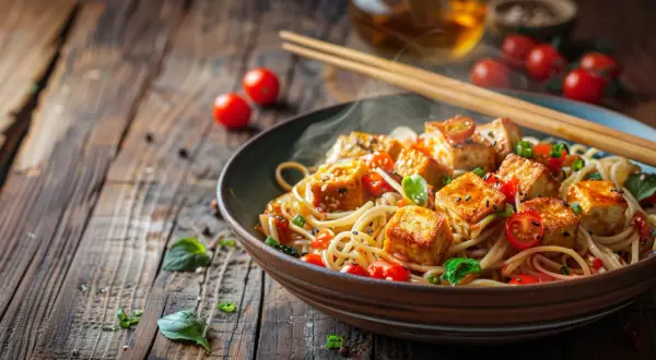 Makaron po chińsku z tofu - Przepis na makaron z tofu i pomidorami