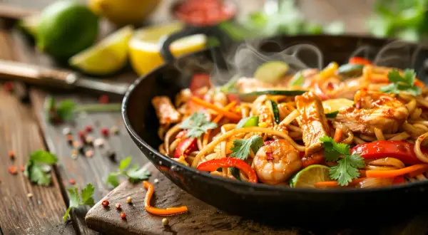 Makaron udon po tajsku - Przepis na smażony makaron z kurczakiem