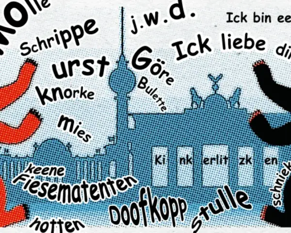 Zwei Berliner Bären tanzen vor der Skyline. Typisch berlinerisch: "Ick liebe dir" und "Keene Fiesematenten".