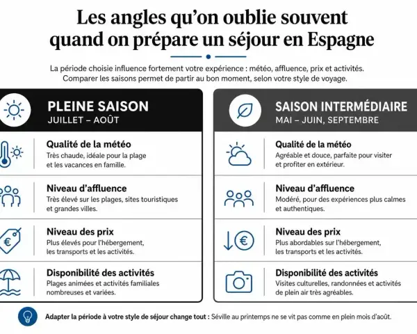 Tableau comparant la pleine saison (juillet-août) et la saison intermédiaire (mai-septembre) pour des vacances scolaires en Espagne, avec météo, affluence, prix et activités.