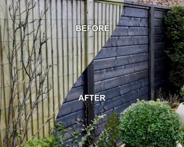 Before and after of DIY fence panels. The left side shows weathered, pale wood with bare branches, while the right side displays a sleek, dark-stained fence with lush greenery.